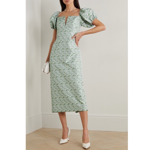 Markarian Yvette Floral Brocade Puff Sleeve Midi Dress Light Blue size US 12 NEW